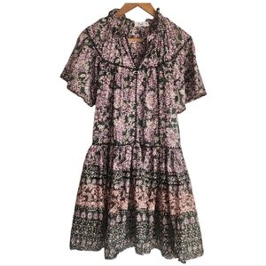 Talulah Anthropologie Green, Lilac, White and Black Floral Tiered Mini Dress M